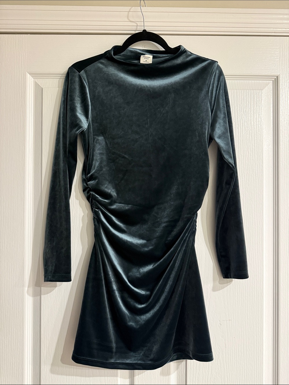 Abercrombie & Fitch Velvet Long-Sleeve Ruched Mini Dress - Dark Teal